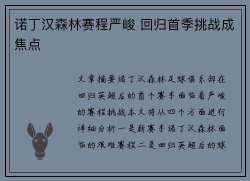 诺丁汉森林赛程严峻 回归首季挑战成焦点